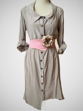 LOVEMATTERS Designer Silk & Leather Belted Shirt Dress Size Small